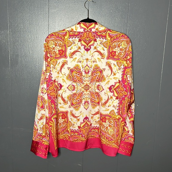 Rachel Zoe Large Blouse Button Top Pink Yellow Boho Retro Shirt Long Sleeve - Picture 7 of 8